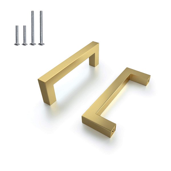 12Pack|3-3/4'' Kitchen Drawer Handles Brushed Brass Square Cabinet Pull,Polished Gold Furniture Handle Pull Bed Bath Hardware,Hole Centers:96mm