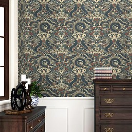 REDAMANCY Vintage Dark Ink/Red Dragon Damask Pattern Japanese Peel and Stick Wallpaper Stick on Contact Paper Vintage Wall Paper Easy Peel Off for nightstand Drawer Cabinet Renter