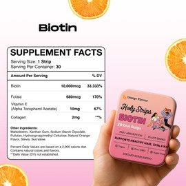 HOLY STRIPS Biotin Oral Strips - Fast-Absorbing, Vegan, Non-GMO, Sugar-Free - Supports Healthy Hair, Skin, and Nails - Delicious Orange Flavor - 30 Count
