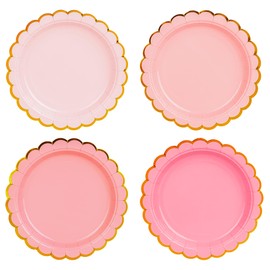 AimFun 24Pcs Pink Paper Plates Gradient Color Disposable Dessert Party Plates 7inch Gold Foil Scalloped Plate for Christmas Bridal Baby Shower Wedding Tea Party Supplies