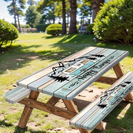 Happy Campers Picnic Table Cover with Bench Covers, RV Camping Tablecloth Fitted Picnic Table Covers, Country Wooden for Rectangle Tables Family Garden Outdoor Party Decorations, 30X72in