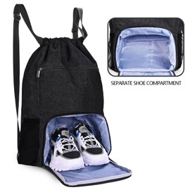 BAVELOE Drawstring Backpack with Wet Pocket & Shoe Compartment, Water-Resistant Sports Gym Swim String Bag for Women Men (Black)