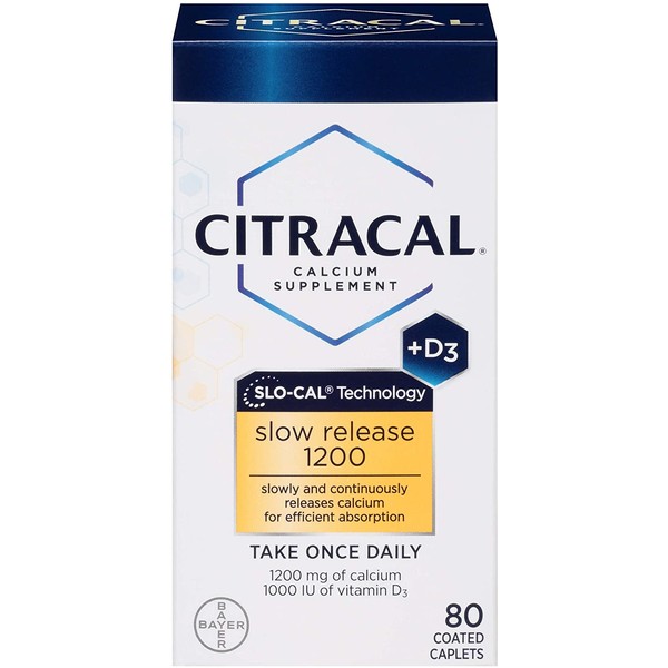 Citracal Slow Release 1200, 1200 mg Calcium Citrate and Calcium Carbonate Blend with 1000 IU Vitamin D3, Bone Health Supplement for Adults, Once Daily Caplets, 80 Count