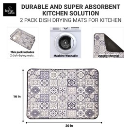 Homewear 2 Pack Magic Dish Drying Mats for Kitchen Coffee Mat Large, Super Absorbent Polyester, Non Slip Rubber Back Matt, 16 x 20 Inches, Counter Top Sink Easy Clean, Navy Tile