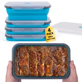 Extra Large Collapsible Food Storage Containers with Lid & Air Vent, 58 oz, 4 Pack, XL Collapsible Marinade Container with Lid Foldable Silicone Containers, Microwave Freezer Dishwasher Safe, Blue