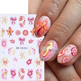 6 Sheets Summer Ocean Nail Decals for Nail Art Turtle Octopus Starfish Flower Nail Art Stickers Crab Seahorse Bow Nail Stickers 3D Self-Adhesive Cute Marine Life Nail Supplies for Women Nails Designs