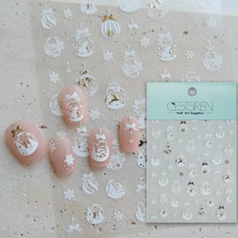 CESTSIREN White Christmas Nail Art Stickers, 5D Embossed Crystal Ball Nail Decals, for Nail Art Design, Self-Adhesive, Nail Accessories for Women,Aesthetic Nail Art Supplies