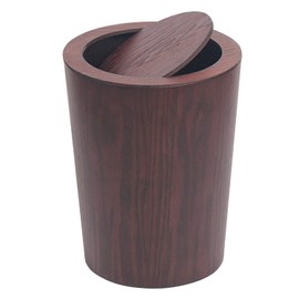 Modern Round Trash Can with Lid,Real Wood Waste Basket in Dark Brown,9.25"x7.5"x11.8" Swing Top Small Trash Can,Decorative Small Garbage Can for Bedroom, Living Room, Office & Bathroom,8L/2.1Gal