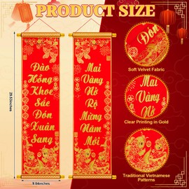 APUDWN Vietnamese Lunar New Year Decoration Couplets, Red Hanging Spring Festival Couplets Ornament for Tet 2026, Vietnamese New Year Banners for Tet 2026 Indoor Outdoor Front Door Wall Decorations