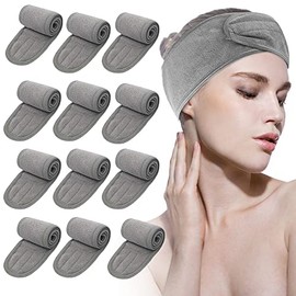 Leaflai Diadema de spa, diadema de tela de rizo, toalla ajustable con cinta mágica, antideslizante, elástica, lavable para baño, maquillaje y deporte (12 unidades, gris)