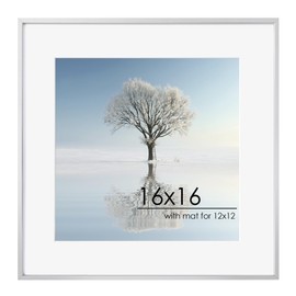 FLYJOE 16x16 Metal Square Picture Frame For Wall With Mat For 12x12, 16''x16'' Aluminum Photo Frames With Tempered Glass For Home Decor, Minimalist Modern Poster Frame Horizontally Vertically, Silver
