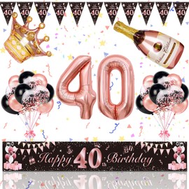 Magiccute 40th Birthday Women Decoration, Birthday Decoration Women Long Happy Birthday Banner Garland Bunting and Black Rose Gold Confetti Balloons Decoration Set