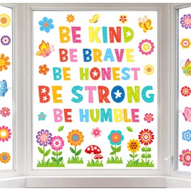 Whaline 9 Sheet Colorful Flower Window Clings Inspirational Quotes Reusable Window Decals Spring Floral Butterfly Glass Decor for Home Office School