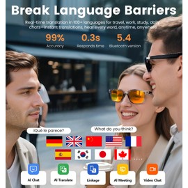 AI Translation Smart Glasses with Chat GPT for Men& Women, Bluetooth 5.4 Sunglasses with Translator 100 Languages& Accents,Multifunctional Outdoor UV Protection Glasses for Travel Trade Business-Gray