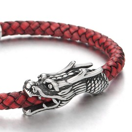 COOLSTEELANDBEYOND Vintage Stainless Steel Dragon Head Braided Red Leather Bangle Bracelet Wristband, Mens(CA)