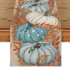 Artoid Mode Planken Blätter Blau Kürbisse Herbst Tischläufer, Saisonnal Küche Tisch Dekoration Drinnen Urlaub Party Dekor 40x180 cm