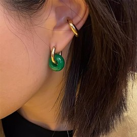 ALRNBY Malaysian Jade Earrings for Women Gold Hoop Jade Earring for Girls Trendy Stainless Steel