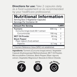 Turmeric Curcumin - Ultra High Potency 60:1 Extract with 95% Curcuminoids - 800mg Per Serving - Black Pepper & MCT Oil for Enhanced Absorption - Third-Party Lab Tested - 60 Capsules