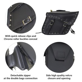 RiderVibe Leather Motorcycle Saddle Bags for Softails, Sportsters and Choppers - Waterproof Swing Arm Luggage Bag (13" x 12" x 10", With Studs No Braid, Black)