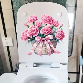 TOLOVIS Pink Bow Rose Toilet Cover Sticker Decals,Flower leaf bird Waterproof Toilet Lid Tank Seat Decals Cistern Self-Adhesive Bathroom Wall Sticker