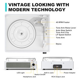 WOCKODER Vinyl Record Player with Speakers Turntable Belt-Driven Turn Table Support 3-Speed 3 Size BT Wireless Playback Headphone AUX-in RCA Line LP Phonographs Audio for Beginner Classic Pure White