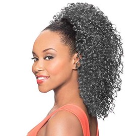 DS013 Ponytail Color 44 Charcoal Gray - Foxy Silver Wigs 16" Long Curly Drawstring Hairpiece Clip On Synthetic African American Womens Bundle MaxWigs Hairloss Booklet