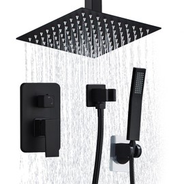 RTOBWEYE 10 Inch Shower Faucet Set Ceiling Mount, High Pressure Rainfall Shower System, Square Rain Shower Spray Combo Luxury Shower Fixtures Matte Black