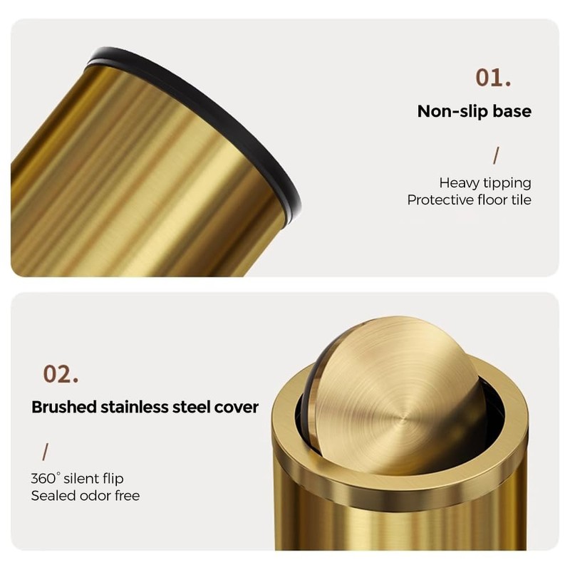 2.4 Gallon Brass Gold Bathroom Trash Can, Fancy Waste Basket