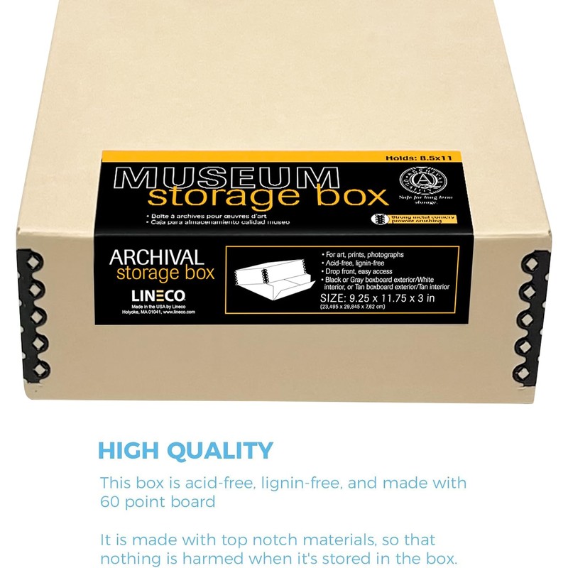 Lineco Museum Archival Storage Box, 9.25x11.75x3 in. Drop Front Design.