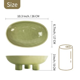 seicasaya Three-Legs Ceramic Fruit Bowl for Kitchen Counter, 10 Inch Large Candy and Key Bowl for Home Decor, Oval Shape, Green