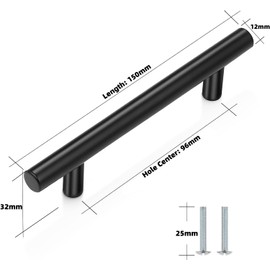 CCHONG 2 Pack Black Modern Stainless Steel Cupboard Handles (96mm Center to Center Spacing, 150mm Projection Distance)