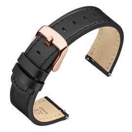 ANNEFIT 19mm Watch Band with Rose Gold Buckle, Quick Release Genuine Leather Replacement Strap (Black/Black Stitching)