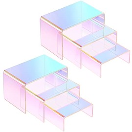6 Pack Rainbow Clear Large Acrylic Display Riser Set Product Stand 3 Tiered Rectangle Tabletop Jewelry Display Riser Showcase Organize Shelf for Dessert Cupcake Candy Treat Action Figure (Medium)