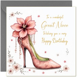 Beautiful Great Niece Birthday Card For Her Female Pink & Gold Floral Heels Design - Beautiful Birthday Cards for Great Niece
