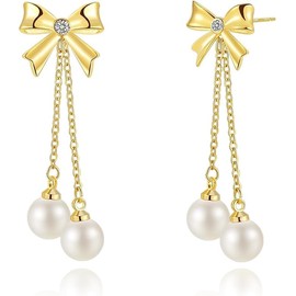 Gold Bow Earrings for Women Trendy Lightweight Pearl Bow Dangle Earrings for Women Tassel earrings (Golden, One Size)