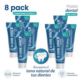 Cool Shock | Crema dental 25 ml. 8 cremas dentales de 25 ml c/u. Practico tamaño, su uso continuo ayuda a recuperar el color natural de los dientes. B