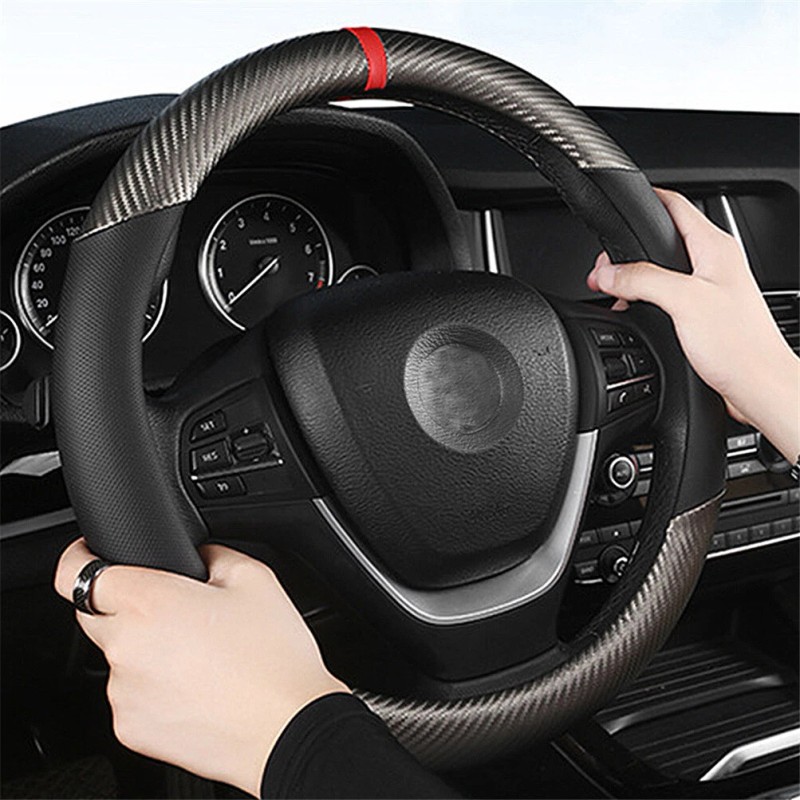 Unbranded Car Steering Wheel Cover Carbon Black Leather Breathable Anti-slip