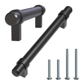 ALPINE HARDWARE Premium Solid Euro Style Bar Handle Pull-5Pack ~ 5 inch Hole Center & 6 1/2 inch Length-Heavy Stainless Steel Banded T-Bar W/ a Matte Black Finish-American Owned Cabinet Hardware