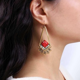Atentuyi Boho Long Vintage Dangle Earrings Gold Unique Retro Ethnic Hook Drop Earrings Cz Red Ruby Square Gypsy Earrings Filigree Hollow Teardrop Hoop Earrings Jewelry for Women and Girls