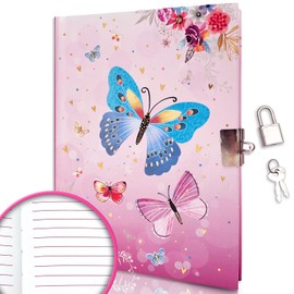 Diary with Lock Girls, 17.8 x 13.5 cm, 80 Lined Sheets, 160 Pages, Butterfly, Children's Diary with Lock, Notebook Girls for Writing and Drawing, Gifts for Girls 6 7 8 9 10 Years