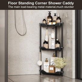 Orimade Rustproof 2 Tier Floor Standing Corner Shower Caddy Organizer, Plastic Metal Splicing Floor Corner Shelf Rack Stands for Bathroom, Black