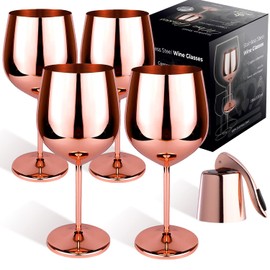 Mosscoff Stainless Steel Wine Glass Set of 4 - Copper and Copper Collection - 18 oz/530 ml Unbreakable Wine Glasses with a Wine Stopper - Portable Metal Wine Glass