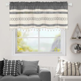 FRAMICS Farmhouse Linen Valance for Windows Boho Crochet Short Curtain with Tassel Country Grey Valance for Kitchen Light Filtering Rod Pocket Window Treatment for Bathroom, 1 Panel, 52" W x 18" L