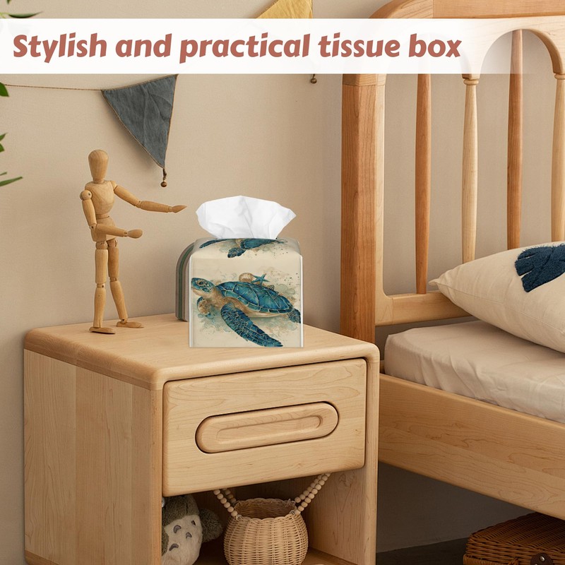 Ocean Sea Turtle Tissue Box Holder, Leather Tissue Box Cover