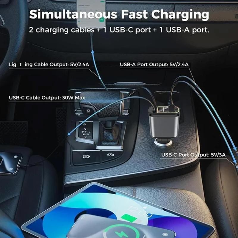 4 in 1 Adjustable Retractable Car Charger with USB Type