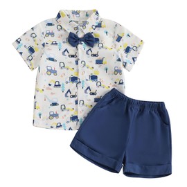 Toddler Infant Baby Boy Summer Gentleman Outfits Short Sleeve Cartoon Print T Shirts Top and Elastic Waist Shorts 2Pcs Tracksuit Sets Formal Clothes for Little Boys (Blue Navy, 12-18 Months)