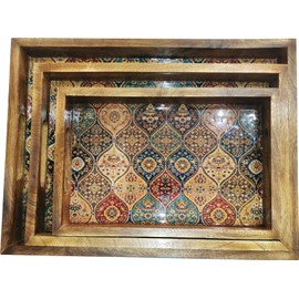 NORI Handcrafted Wooden Serving Trays Set of 3 with Handles - Large, Medium, Small - Rustic Farmhouse Decorative Tray Set for Food, Breakfast in Bed, Coffee, Drinks, Ottoman, Kitchen Living Room