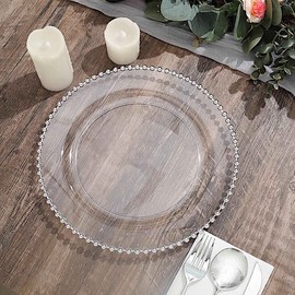 Balsa Circle 10 Round 10 in Clear Silver Disposable Plastic Salad Plates Beaded Trim Party Event Reception Catering Tableware Decorations Supplies