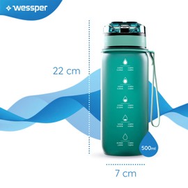 Wessper Tritan Water Bottle 500 ml Mint Water Bottle with Time Marking BPA-Free Leak-Proof Sports Bottle for Bicycle School Children Hiking Sports Water Bottle Fitness Bottle Dishwasher Safe
