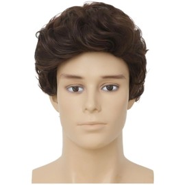 Men's Brown Short Wig Natural Curly Layer Dark Brown Wig Synthetic Daily Male Hair Wig with Cap (Brown)